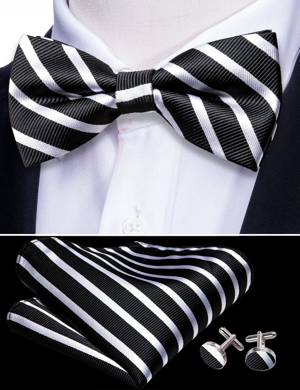 Black White Striped Bow Tie Set - GentCrest - View 3