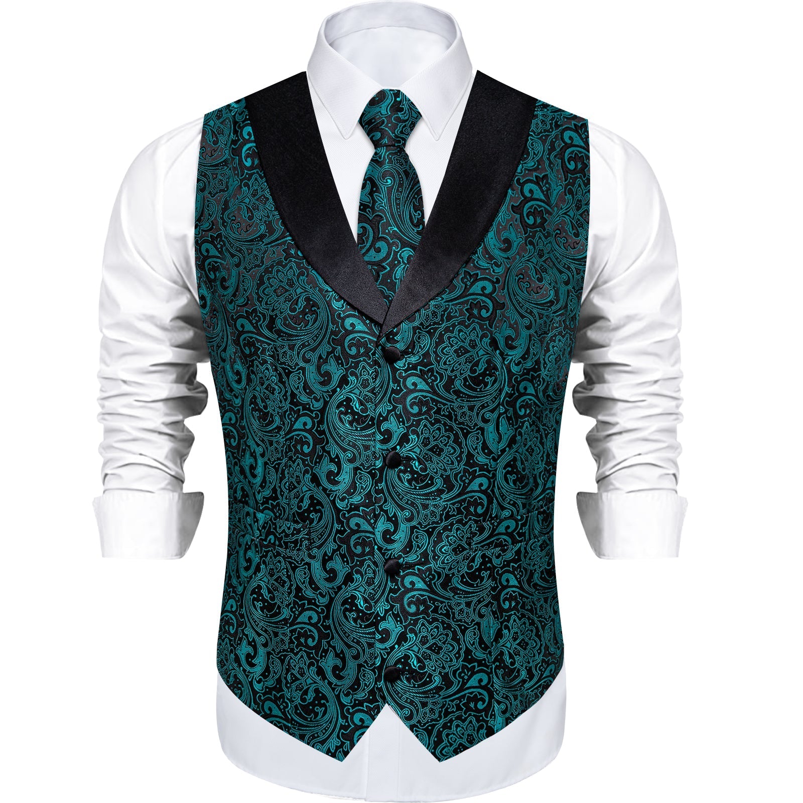 Teal Green Paisley with Black Collar Vest Set - GentCrest - View 2