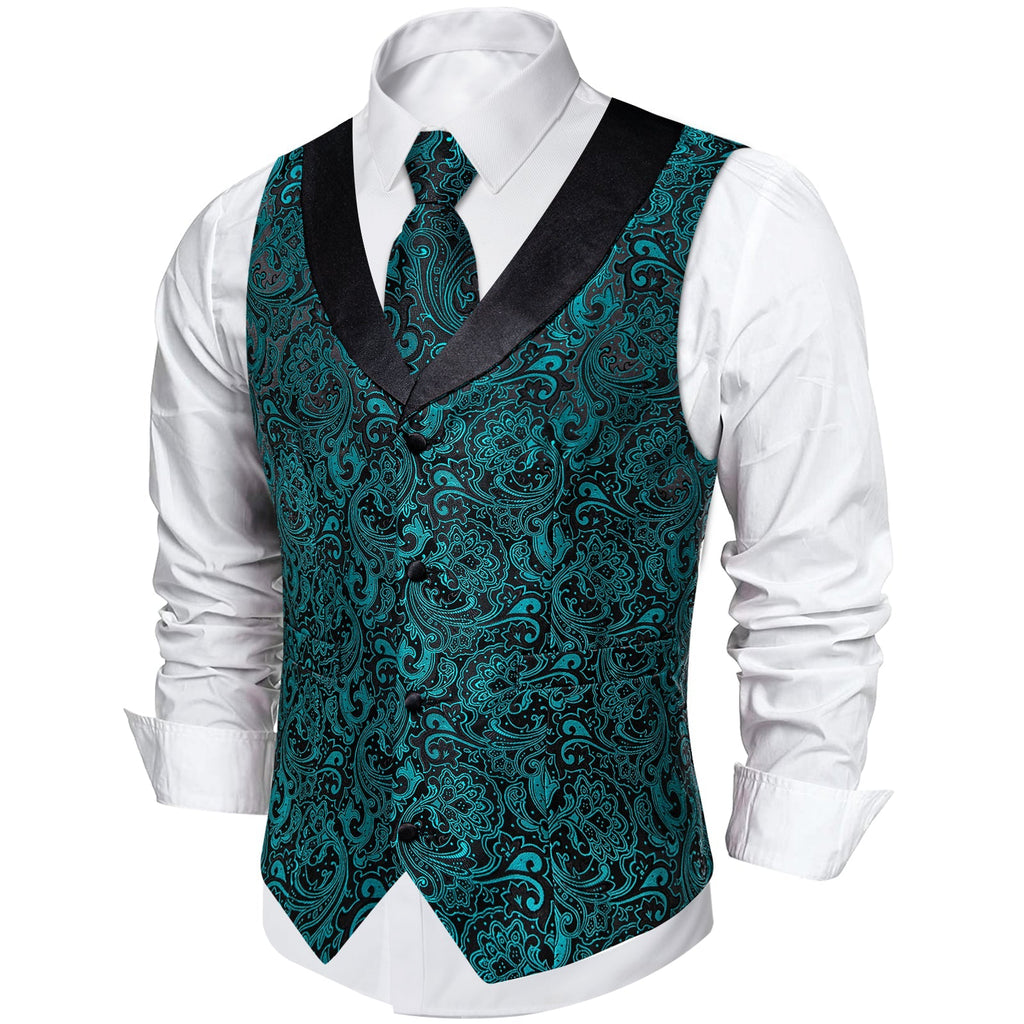 Teal Green Paisley with Black Collar Vest Set - GentCrest - View 3