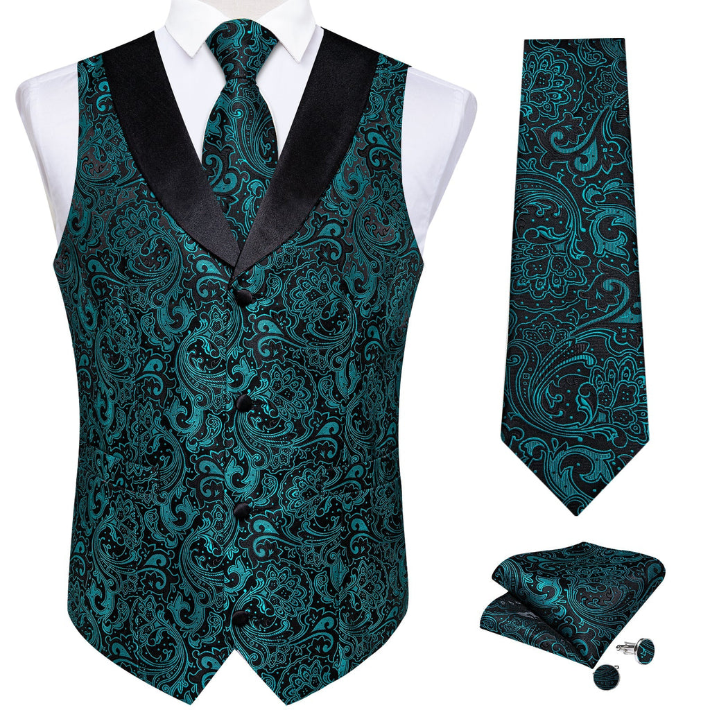 Teal Green Paisley with Black Collar Vest Set - GentCrest - View 4