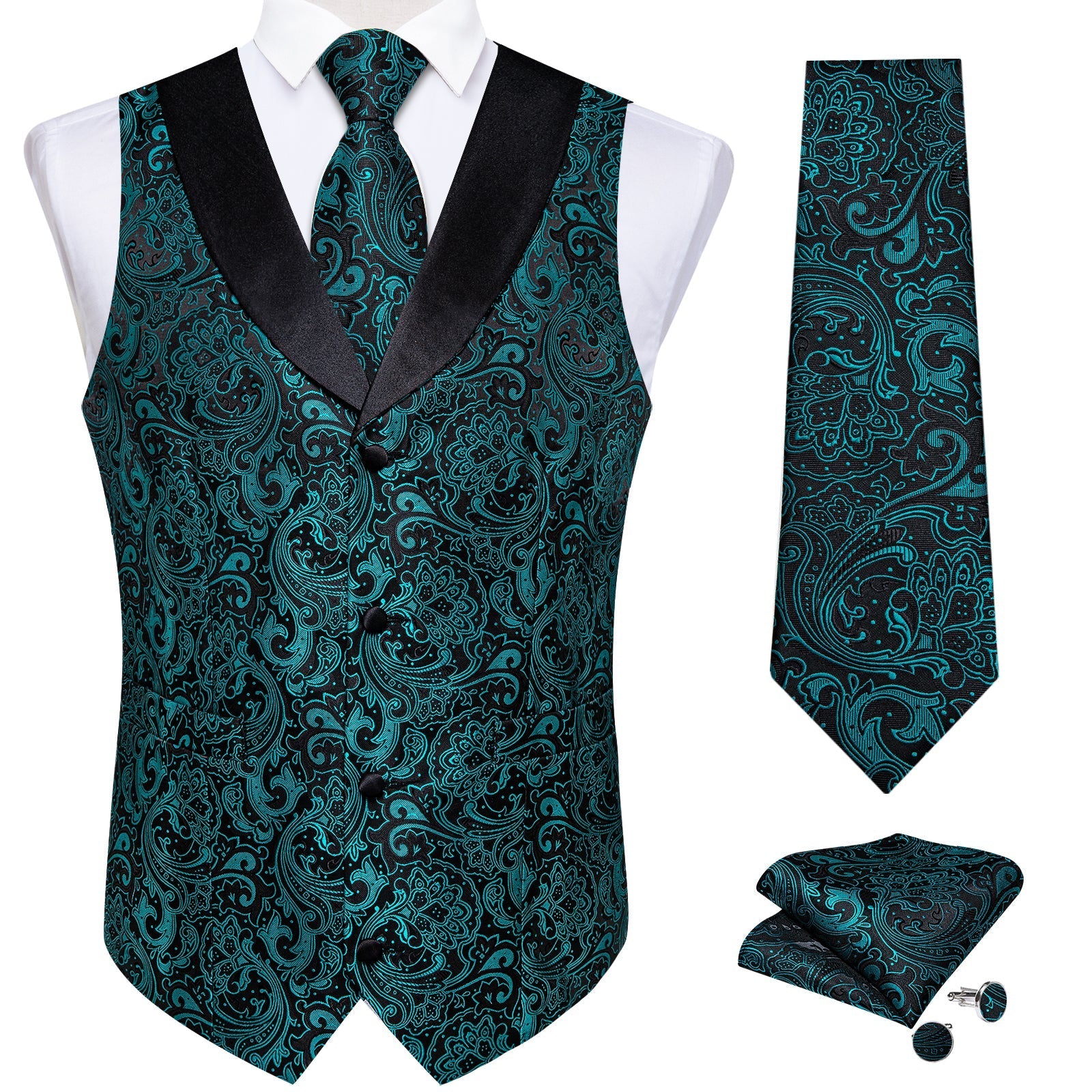 Teal Green Paisley with Black Collar Vest Set - GentCrest - View 4