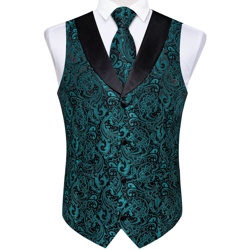 Teal Green Paisley with Black Collar Vest Set - GentCrest - View 6