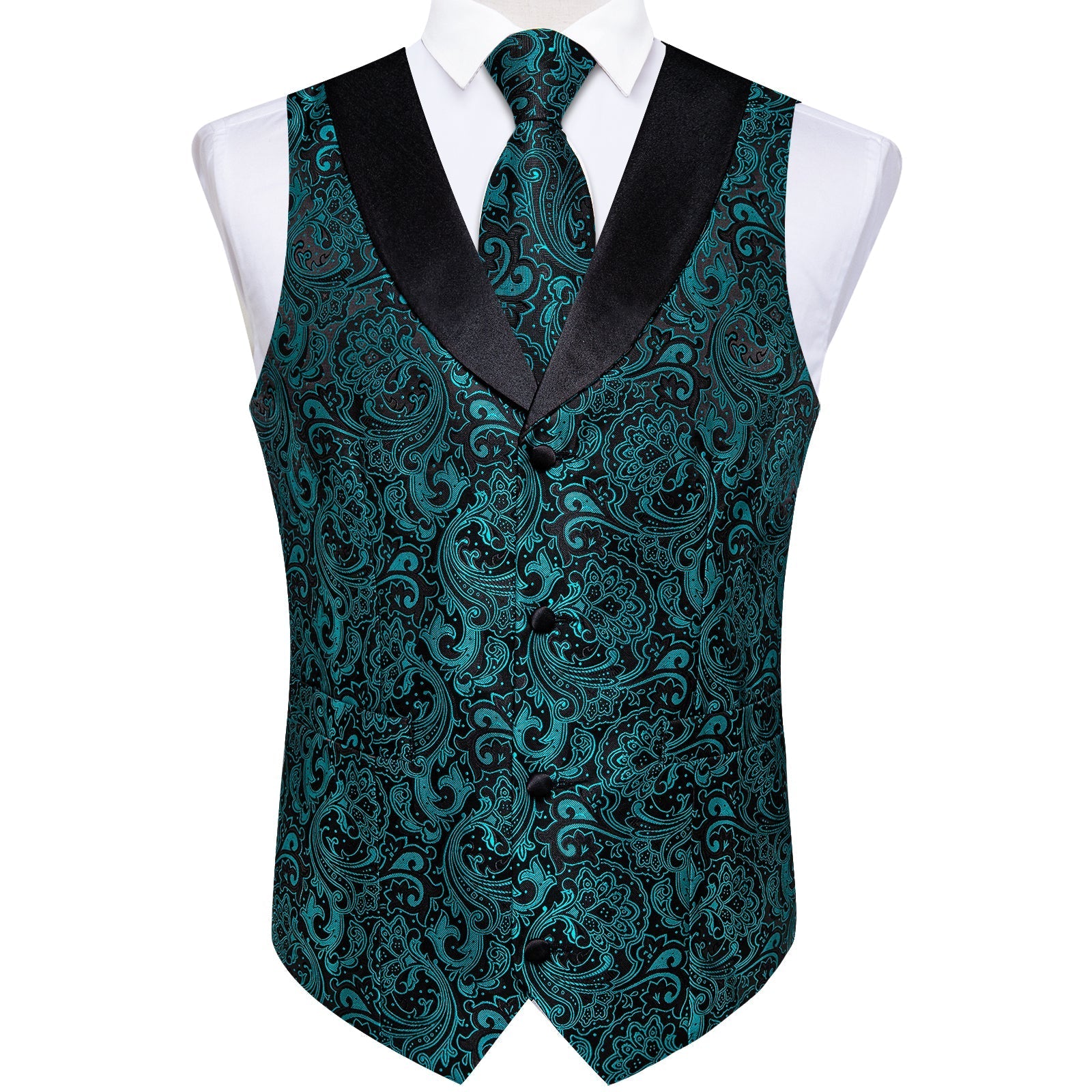 Teal Green Paisley with Black Collar Vest Set - GentCrest - View 6