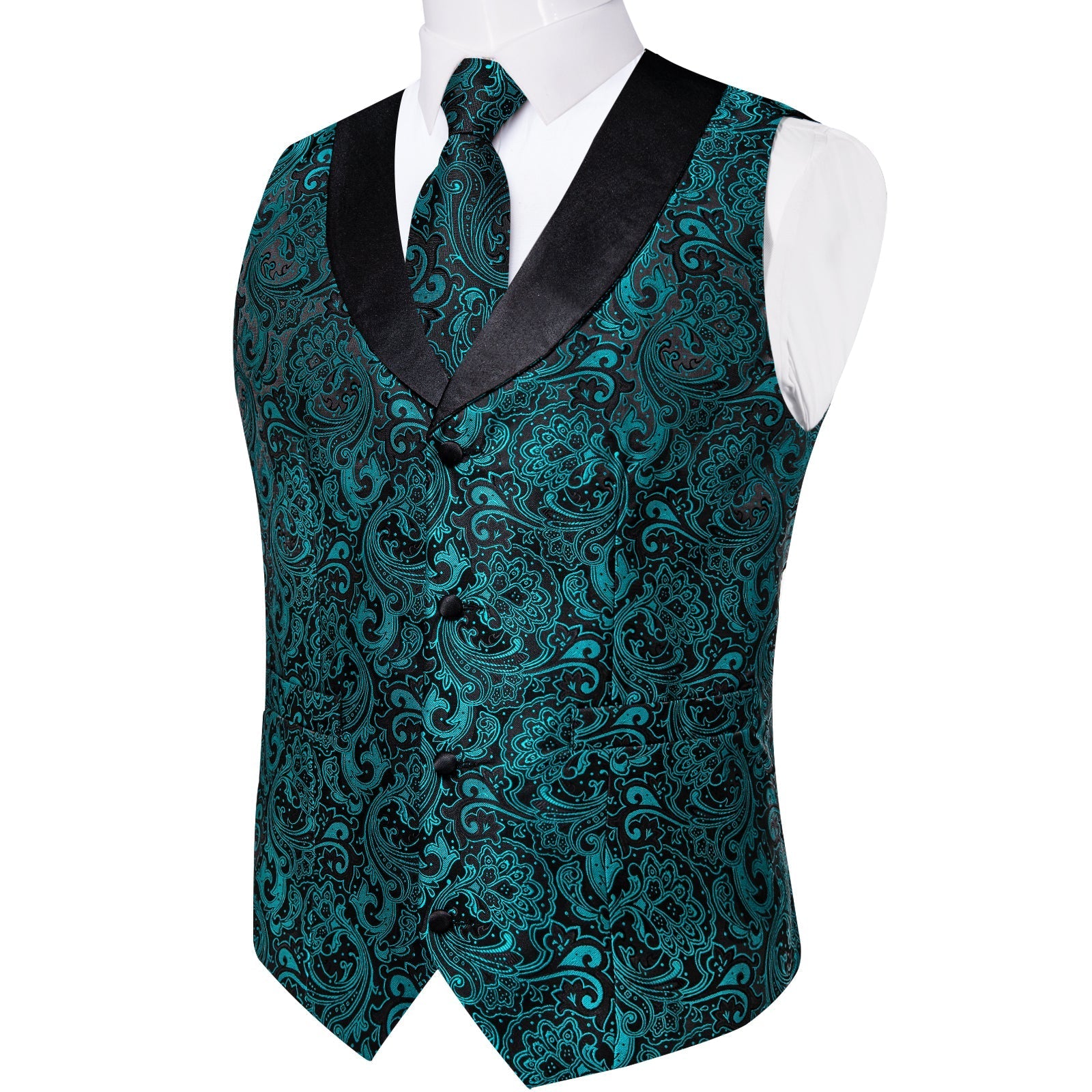 Teal Green Paisley with Black Collar Vest Set - GentCrest - View 7