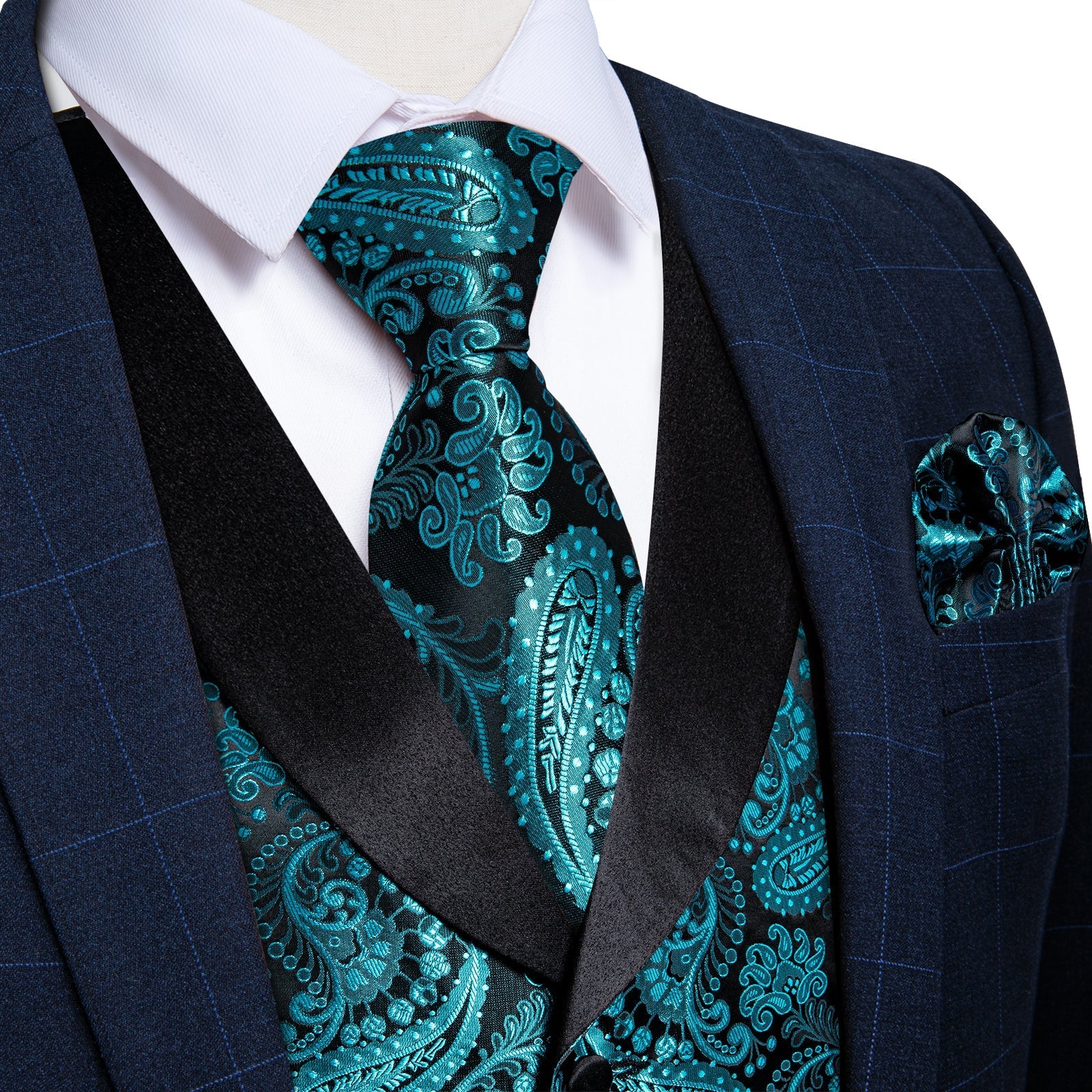 Teal Paisley with Black Collar Vest Set - GentCrest