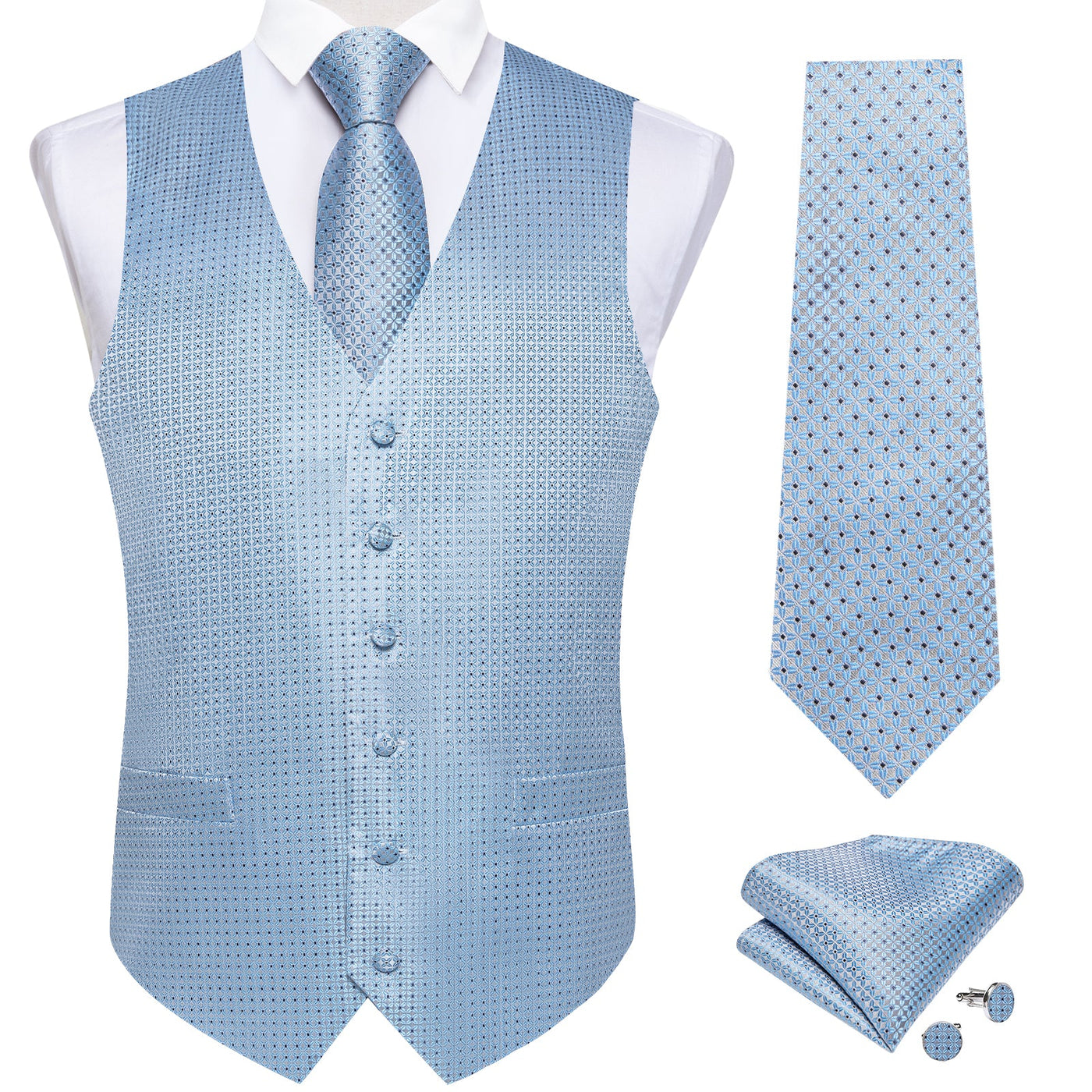 Supernova Silk , Tie & Pocket Square Set - Light Blue Geometric Pattern Vest Set - GentCrest - View 3