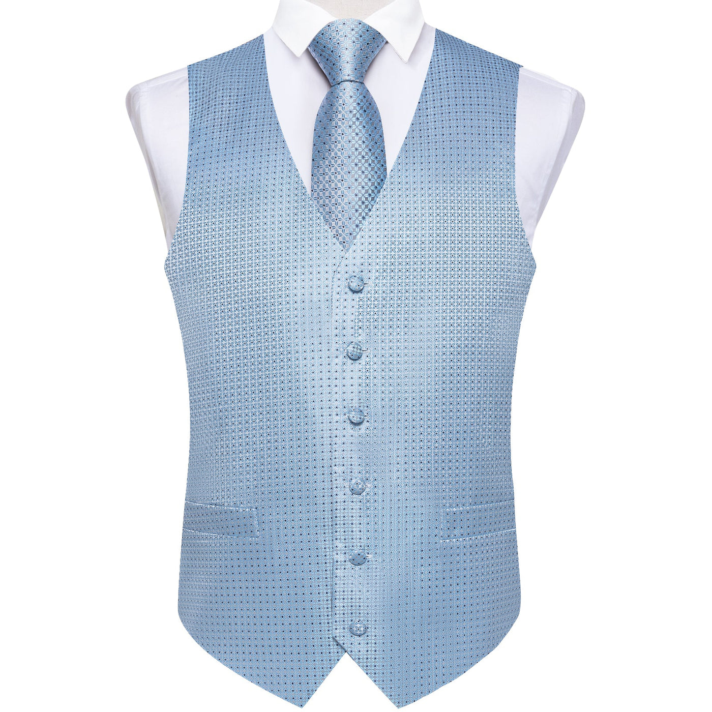 Supernova Silk , Tie & Pocket Square Set - Light Blue Geometric Pattern Vest Set - GentCrest - View 4