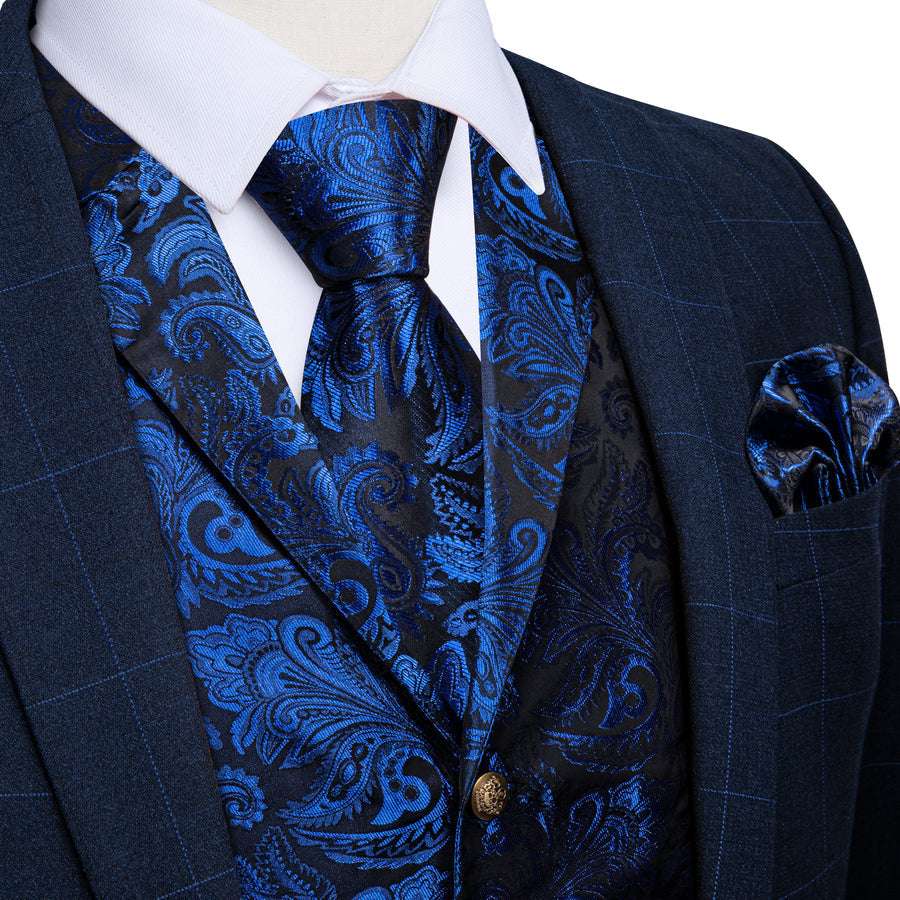 Regal Sapphire Paisley Notched Collar Vest Set - GentCrest