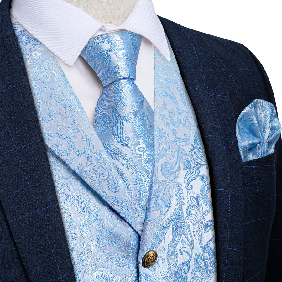 Sky Blue Luxury Paisley Collar - 4 Piece Vest Set - GentCrest