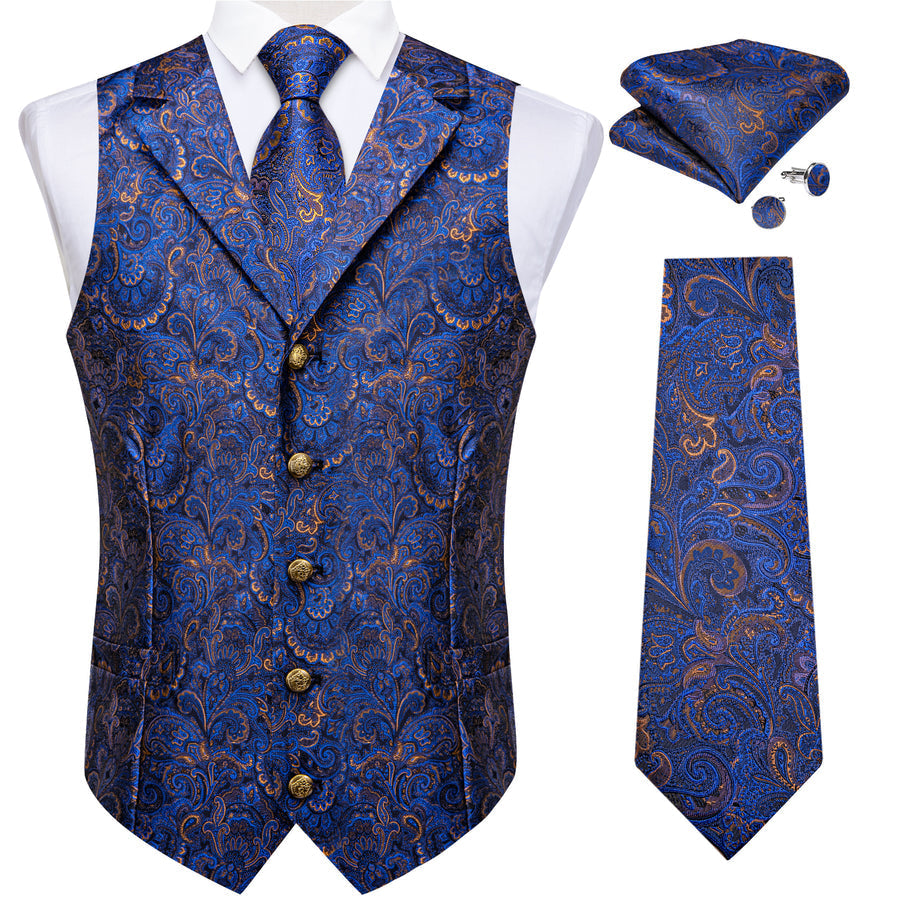 Navy & Gold Paisley Jacquard & Bowtie Set Vest Set - GentCrest - View 3