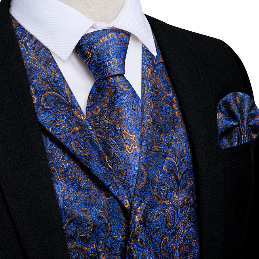 Navy & Gold Paisley Jacquard & Bowtie Set Vest Set - GentCrest
