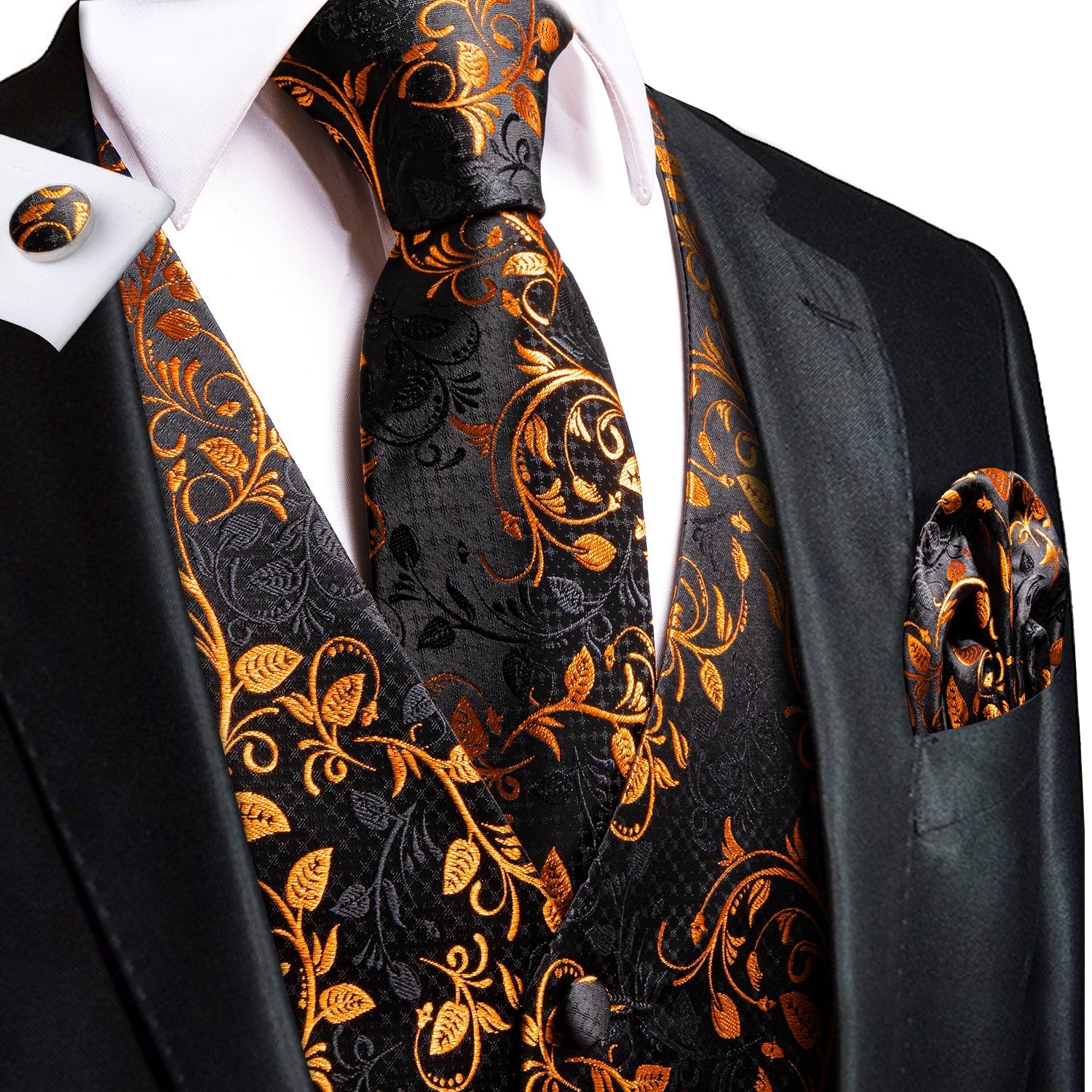 Black and Gold Flowers Vest Set - GentCrest
