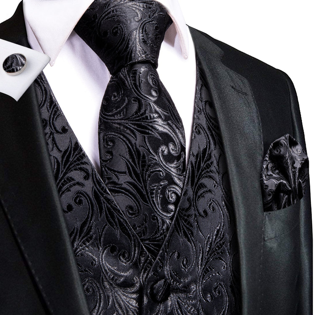 Black And Silver Floral Vest Set - GentCrest