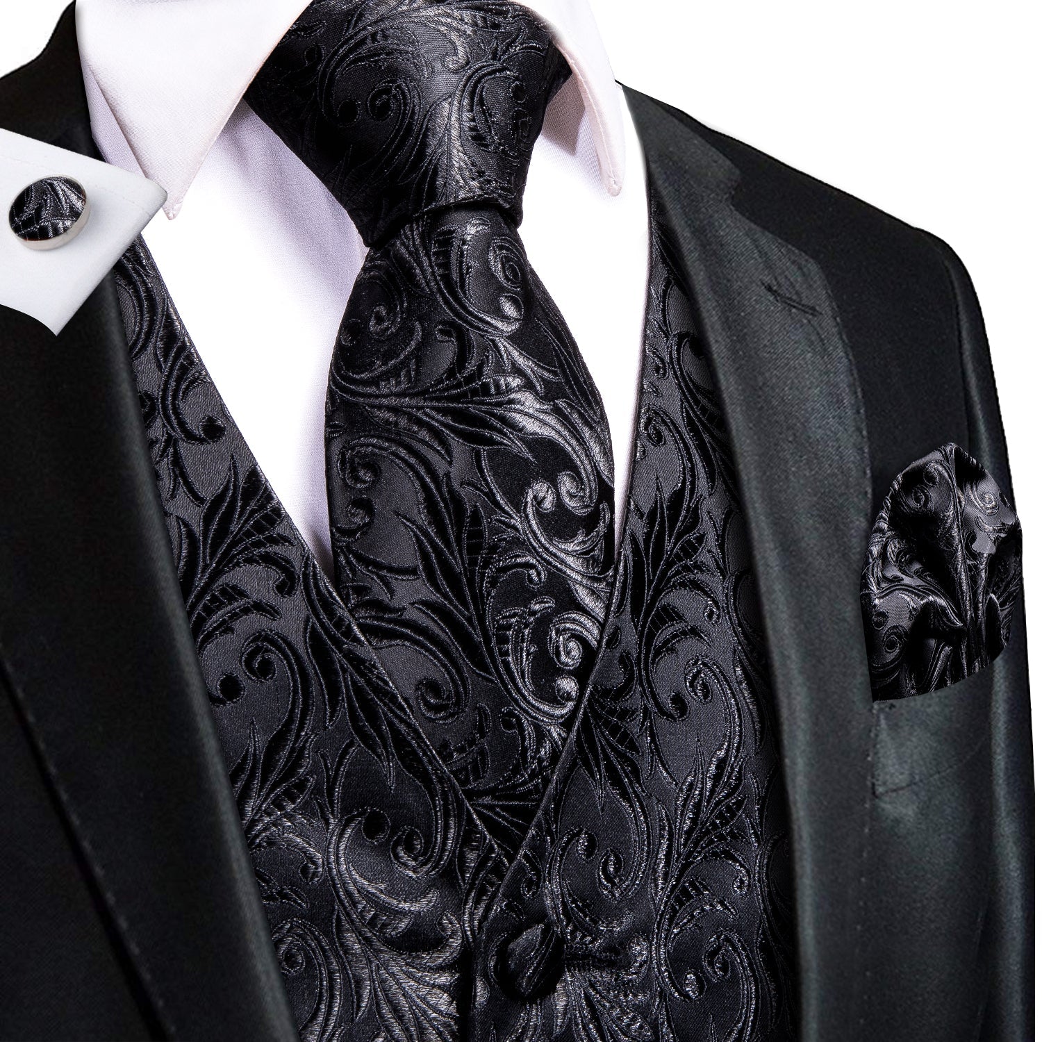 Black And Silver Floral Vest Set - GentCrest