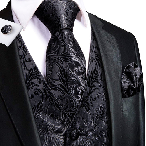 Black And Silver Floral Vest Set - GentCrest