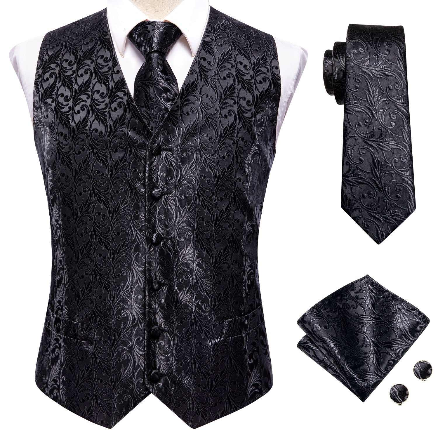 Black And Silver Floral Vest Set - GentCrest - View 2