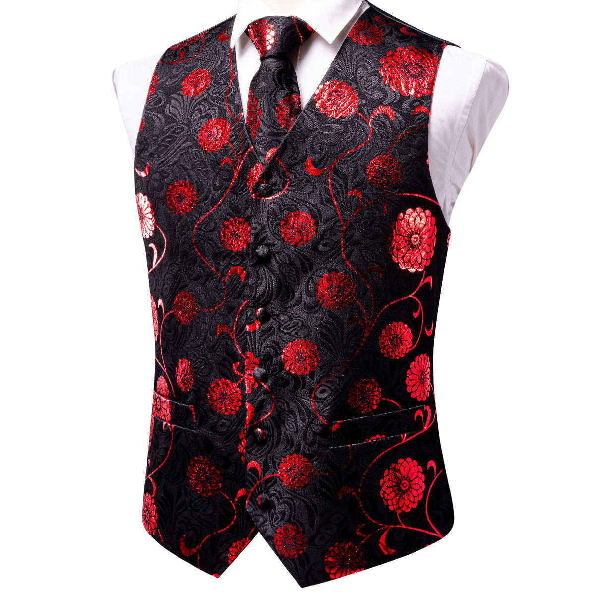 Black and Red Floral Vest Set - GentCrest - View 4