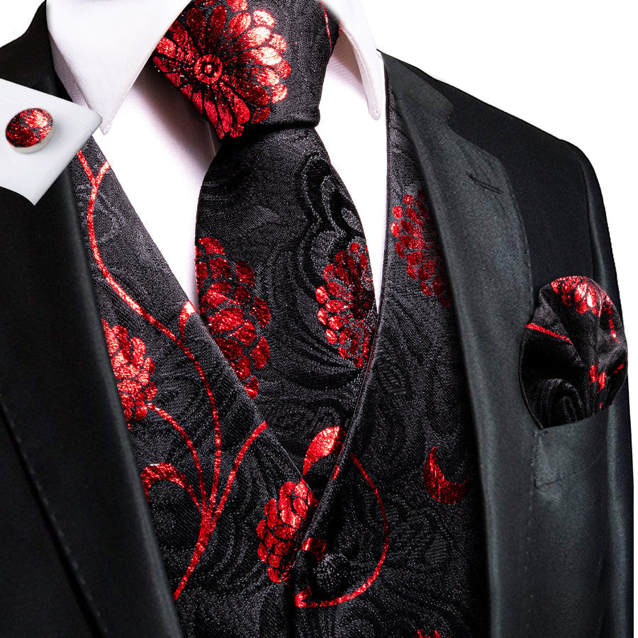 Black and Red Floral Vest Set - GentCrest