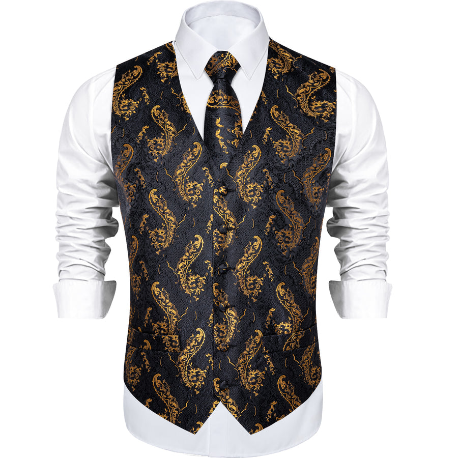 Black and Gold Floral Vest Set - GentCrest - View 5