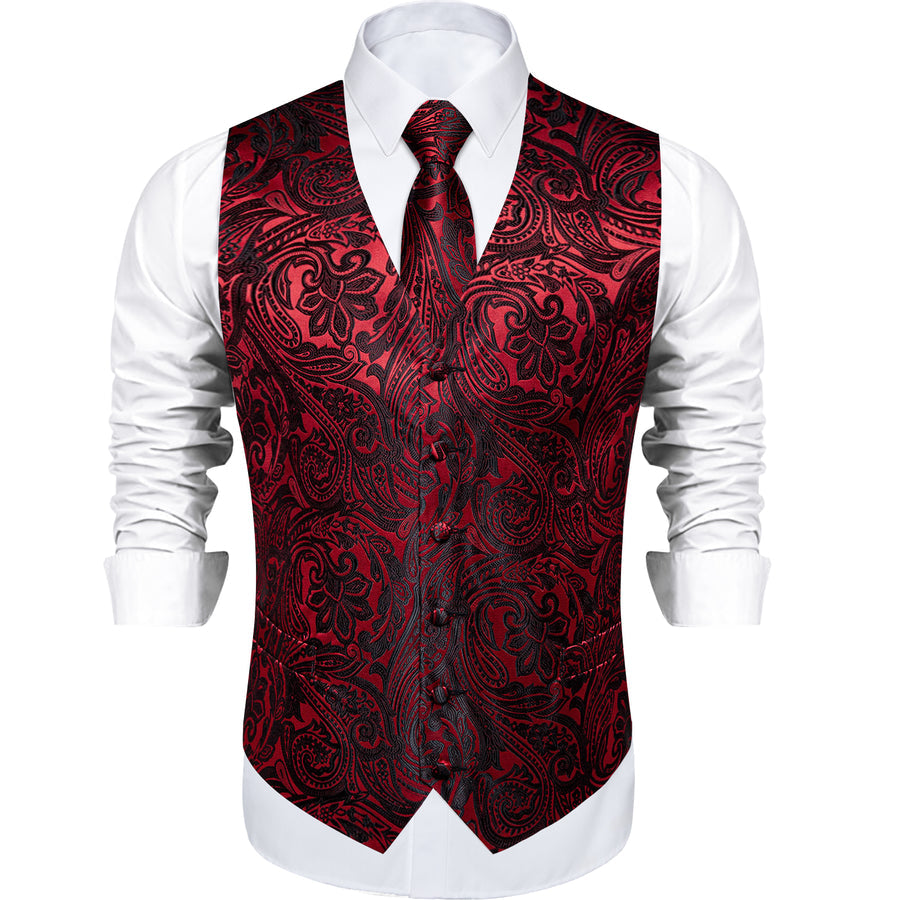 Red and Black Paisley Jacquard Vest Set - GentCrest - View 2