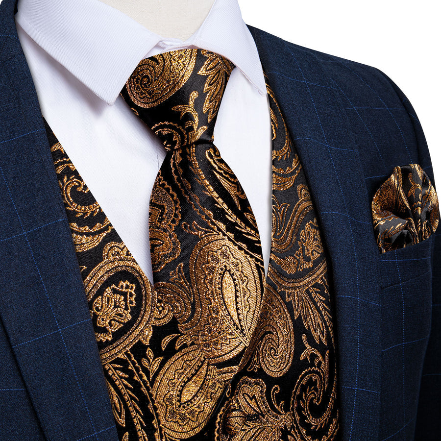 Onyx Black & Gold Silk Paisley Vest Set - GentCrest