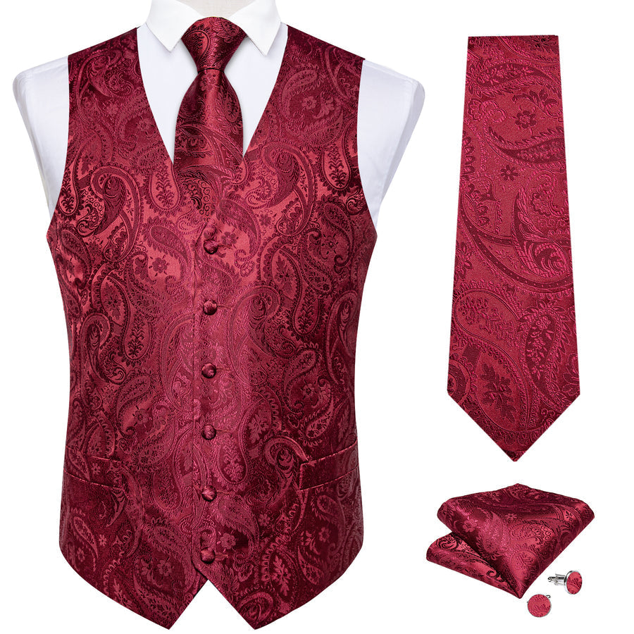 Classic Red Paisley Silk Collar & Bowtie Set Vest Set - GentCrest - View 3