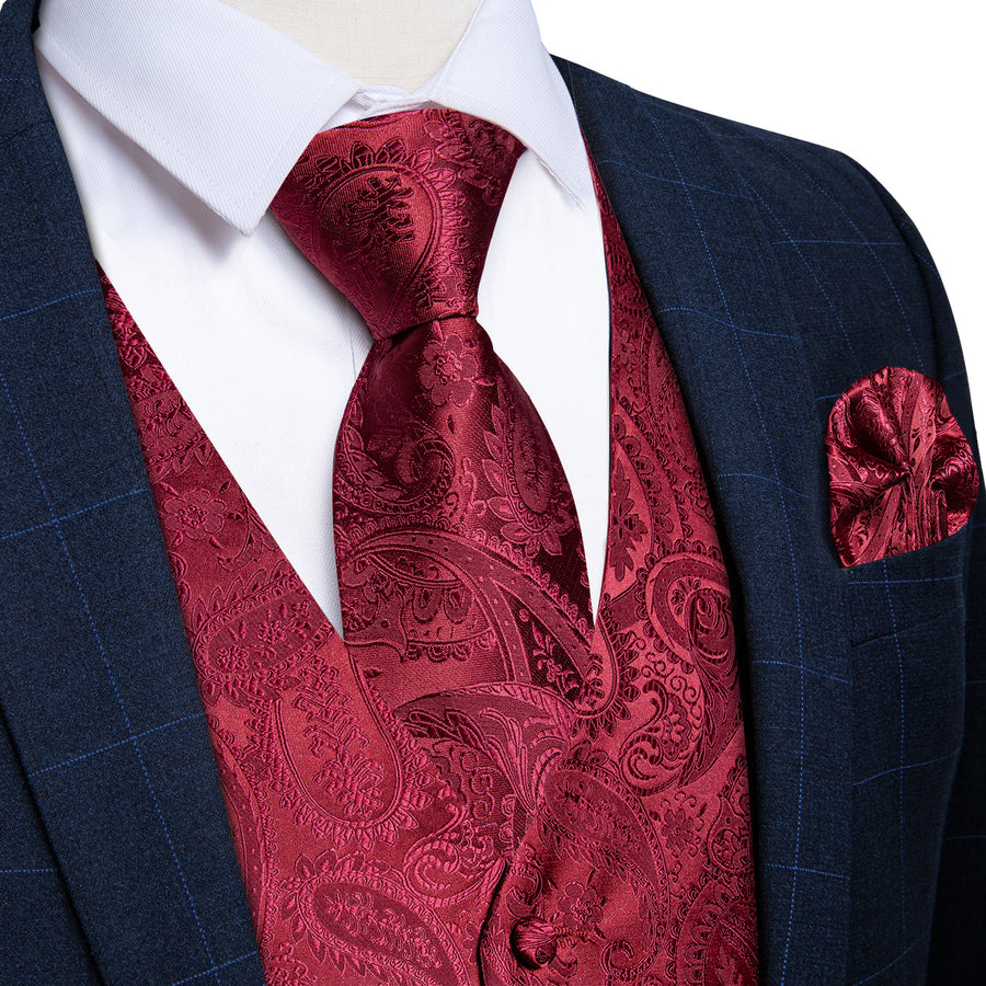 Classic Red Paisley Silk Collar & Bowtie Set Vest Set - GentCrest