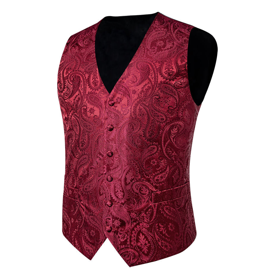 Classic Red Paisley Silk Collar & Bowtie Set Vest Set - GentCrest - View 5