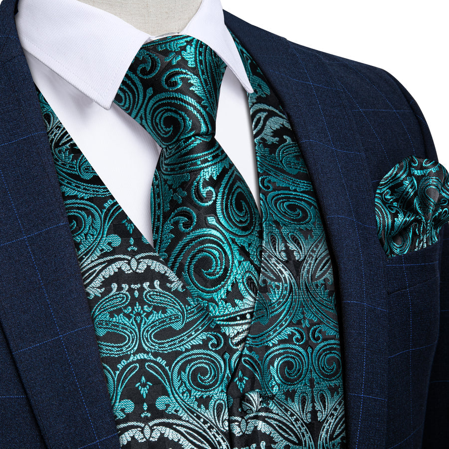 Blue Gray Paisley Silk Men's Vest Set - GentCrest