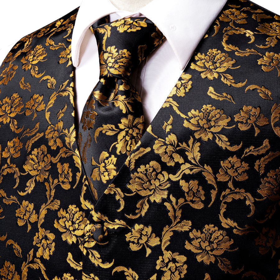 Black and Gold Peony Flower Vest Set - GentCrest - View 2