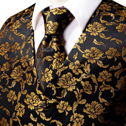 Black and Gold Peony Flower Vest Set - GentCrest - View 2