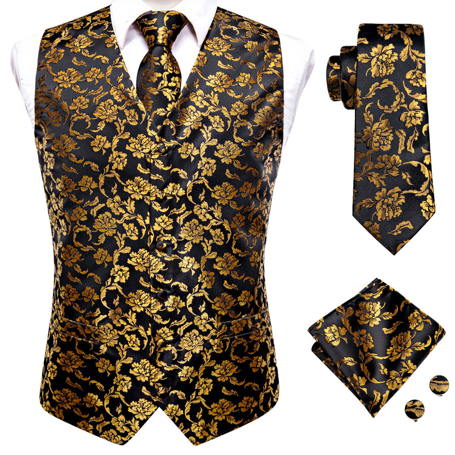 Black and Gold Peony Flower Vest Set - GentCrest - View 3