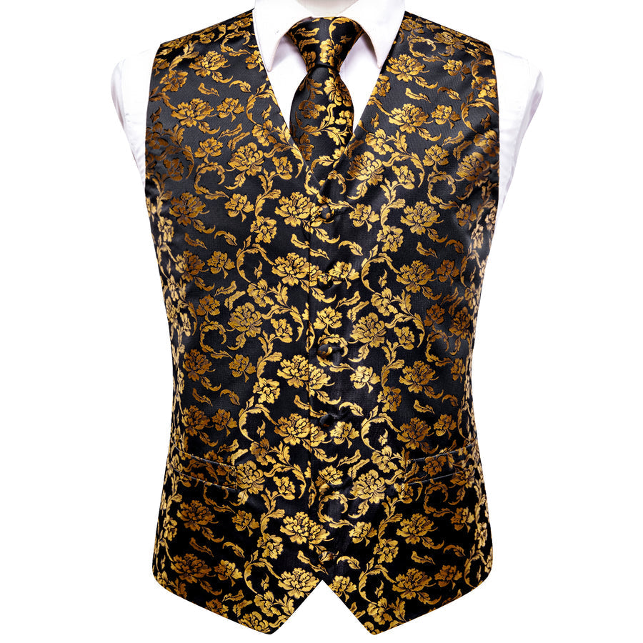 Black and Gold Peony Flower Vest Set - GentCrest - View 4