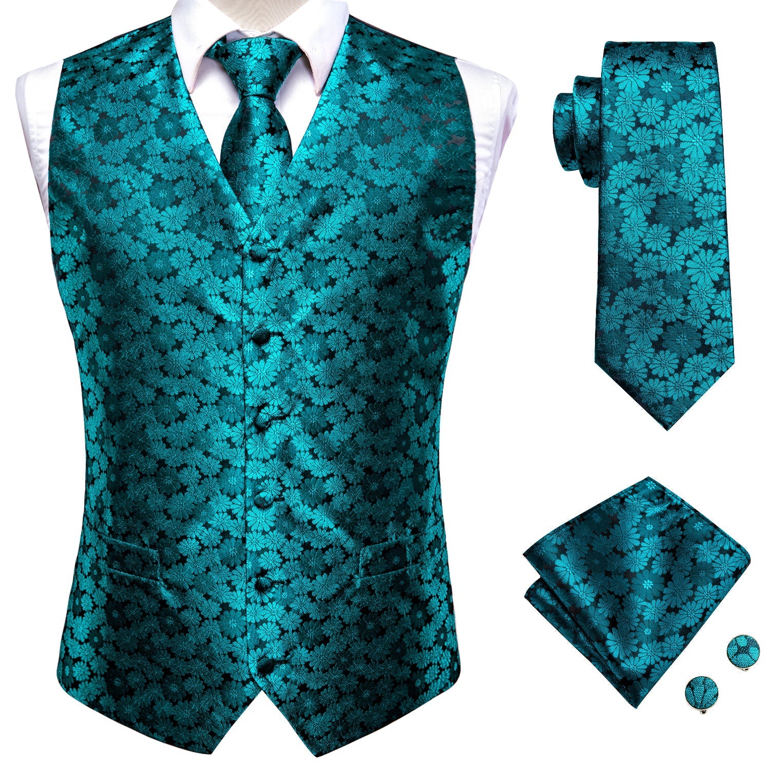 Teal Floral Vest Set - GentCrest - View 2
