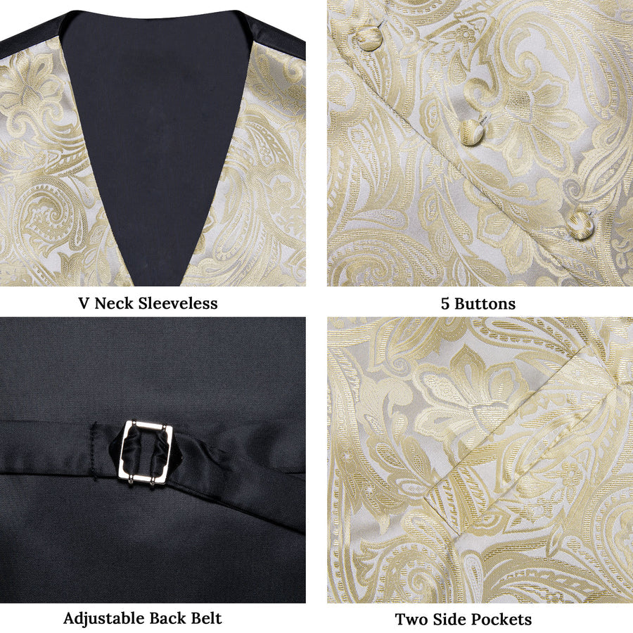 Beige Paisley Floral Silk - 4 Piece Vest Set - GentCrest - View 5