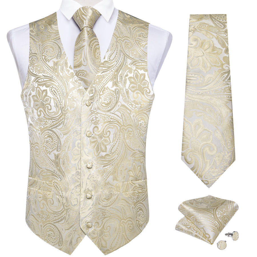 Beige Paisley Floral Silk - 4 Piece Vest Set - GentCrest - View 2