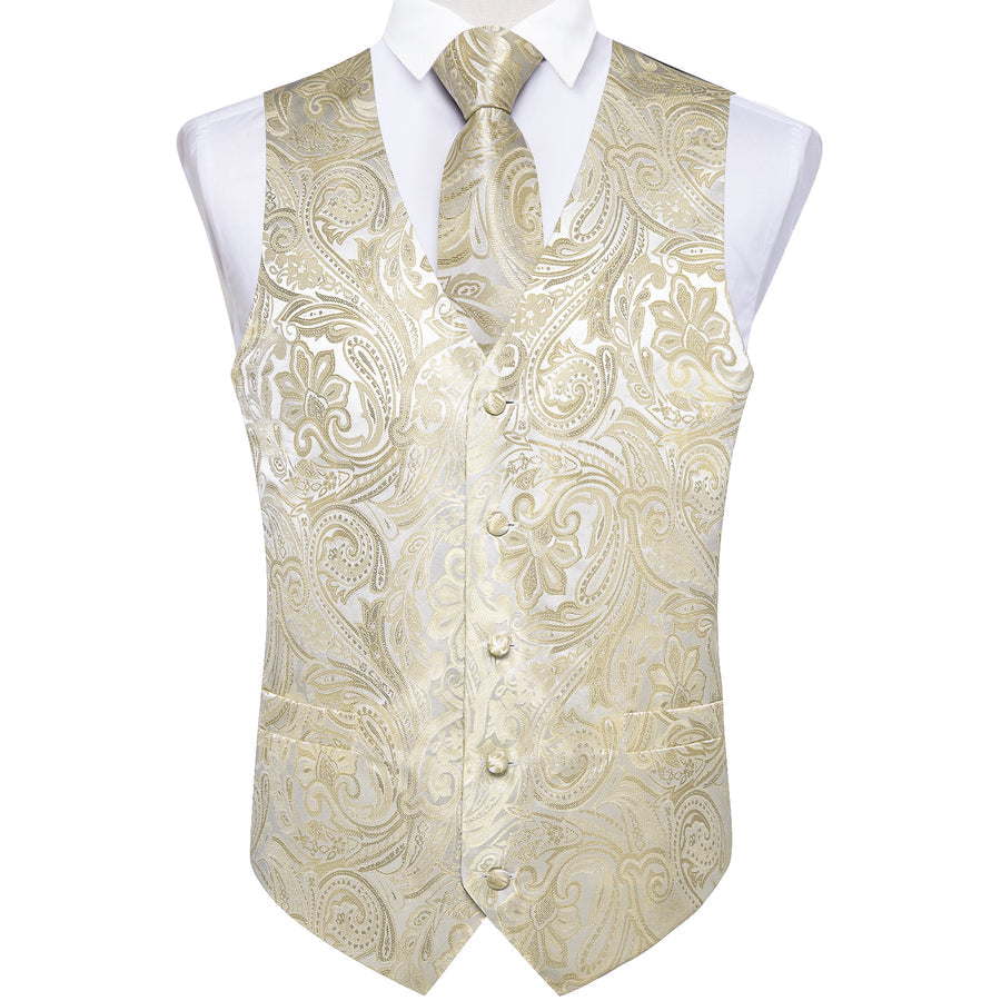Beige Paisley Floral Silk - 4 Piece Vest Set - GentCrest - View 4