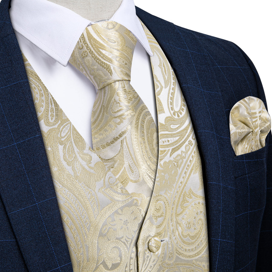 Beige Paisley Floral Silk - 4 Piece Vest Set - GentCrest