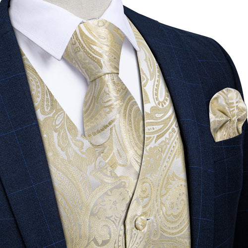 Beige Paisley Floral Silk - 4 Piece Vest Set - GentCrest
