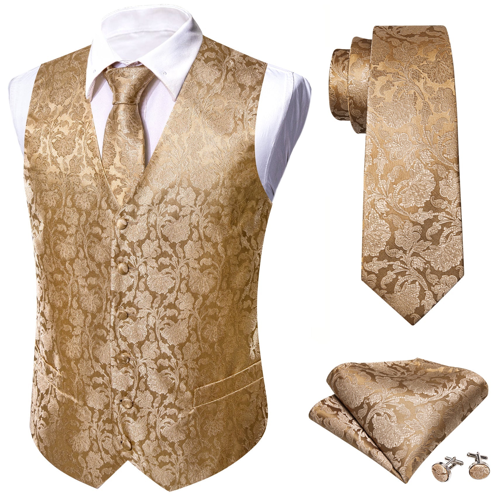 GentCrest Champagne Floral Vest Set - Image 1