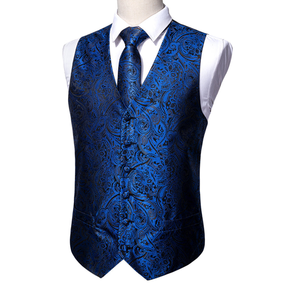 Navy Blue Paisley Silk 4-Piece Vest Set - GentCrest - View 7