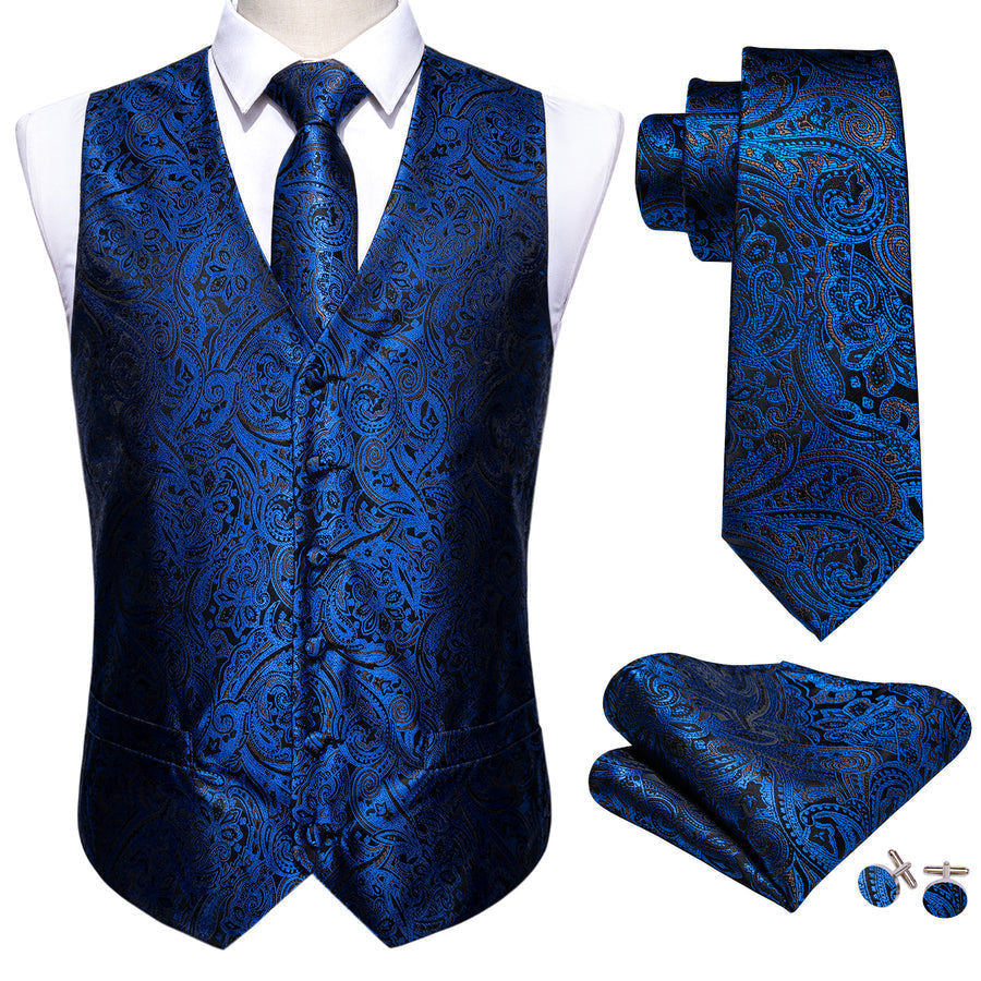 Navy Blue Paisley Silk 4-Piece Vest Set - GentCrest - View 3