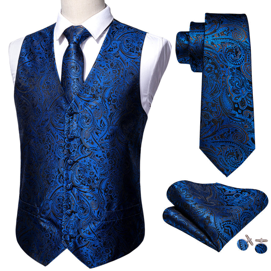 Navy Blue Paisley Silk 4-Piece Vest Set - GentCrest - View 6