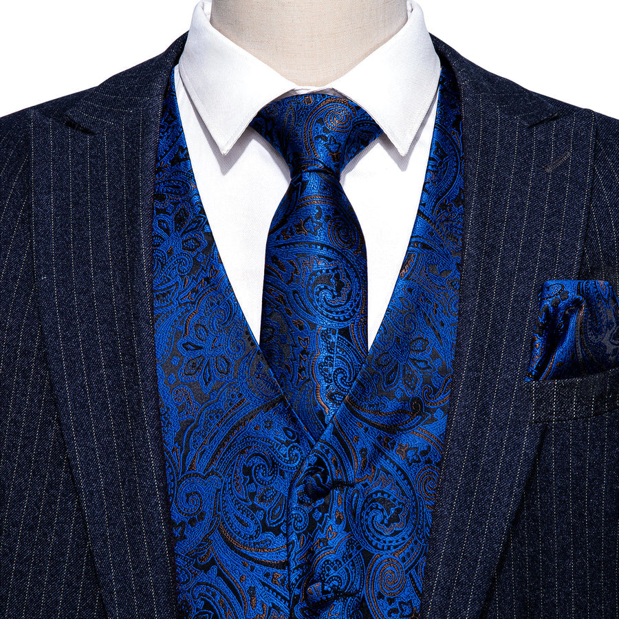 Navy Blue Paisley Silk 4-Piece Vest Set - GentCrest - View 2
