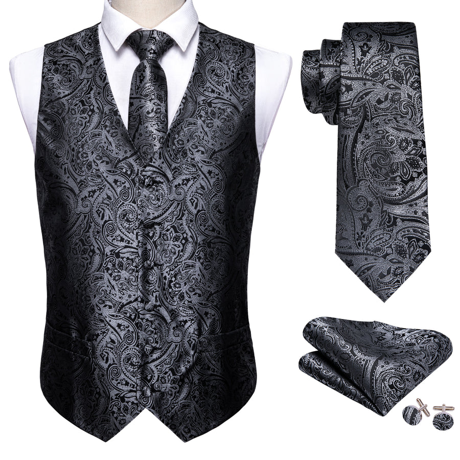 New Silver and Black Paisley Vest Set - GentCrest - View 3