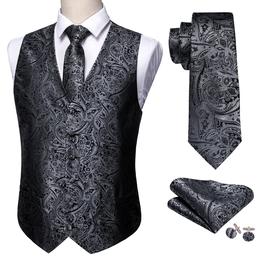 New Silver and Black Paisley Vest Set - GentCrest - View 6