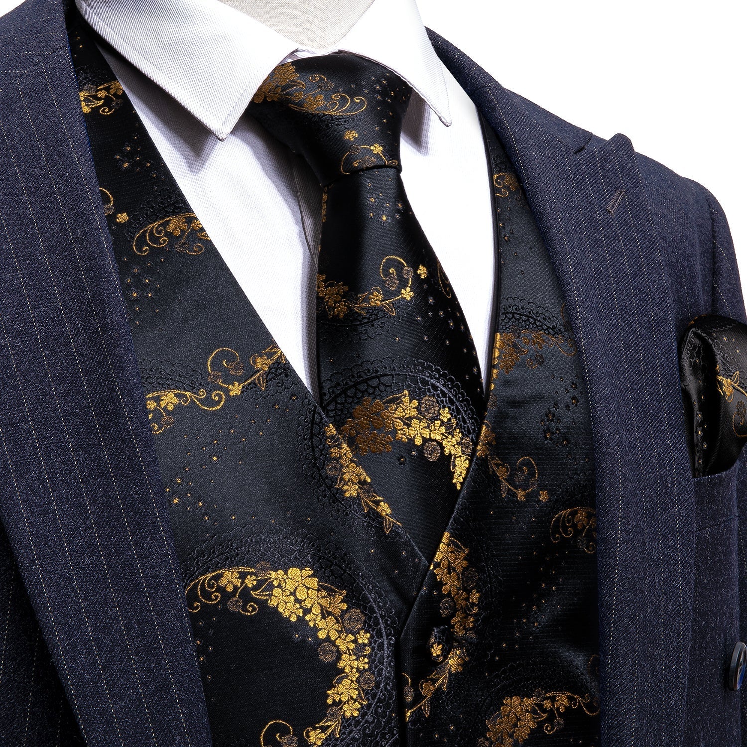 Black and Gold Floral Vest Set - GentCrest