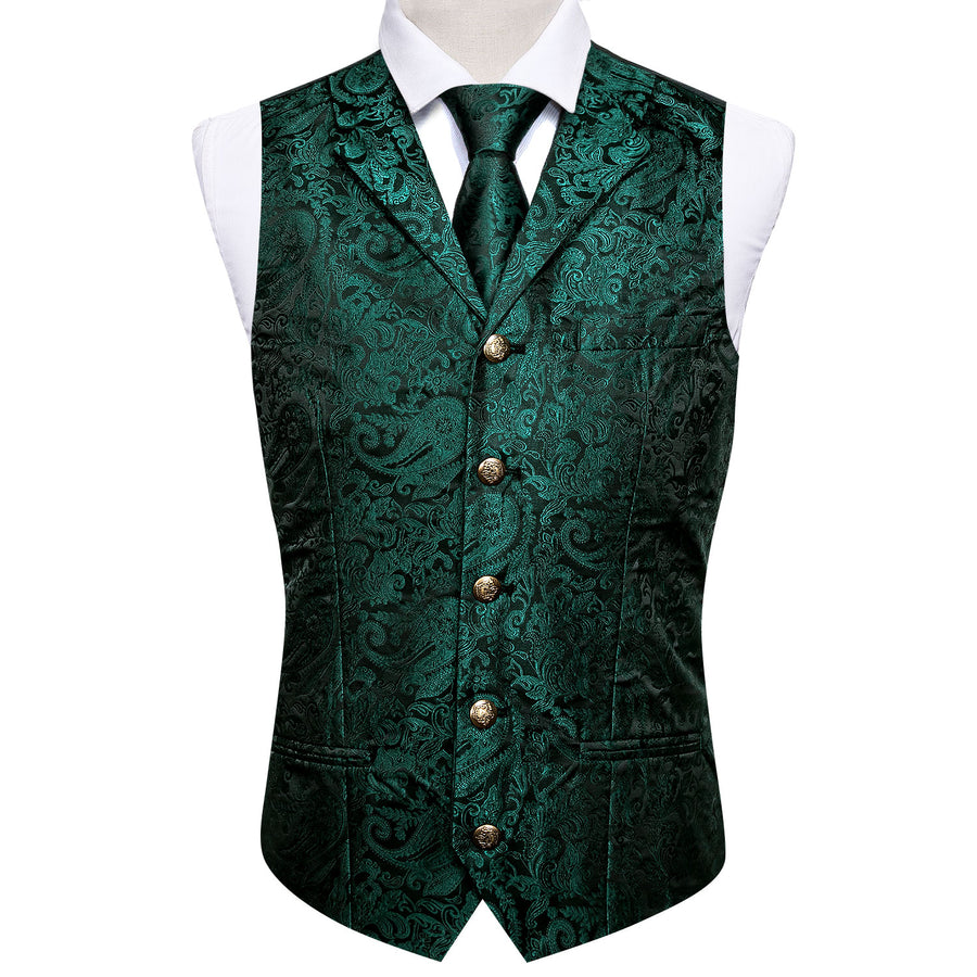 Dark Green Paisley Silk with Metal Buttons Vest Set - GentCrest - View 6