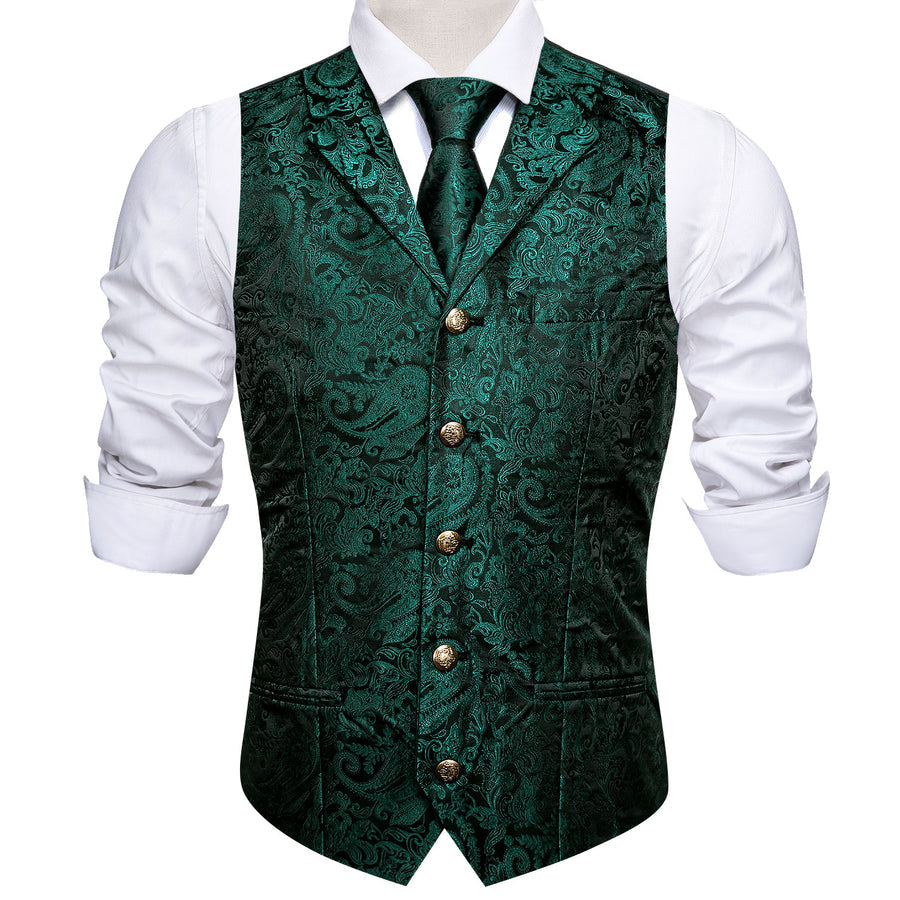 Dark Green Paisley Silk with Metal Buttons Vest Set - GentCrest - View 4