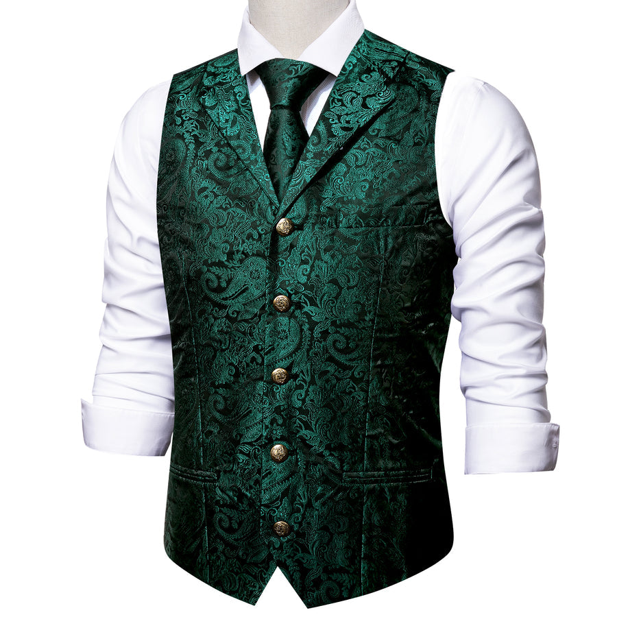 Dark Green Paisley Silk with Metal Buttons Vest Set - GentCrest - View 5